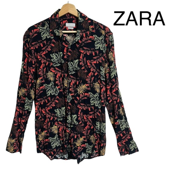 Zara Men's Relax fit Button Up Shirt Sz 40 Red and Green Leaf Print Long Sleeve - Picture 1 of 10